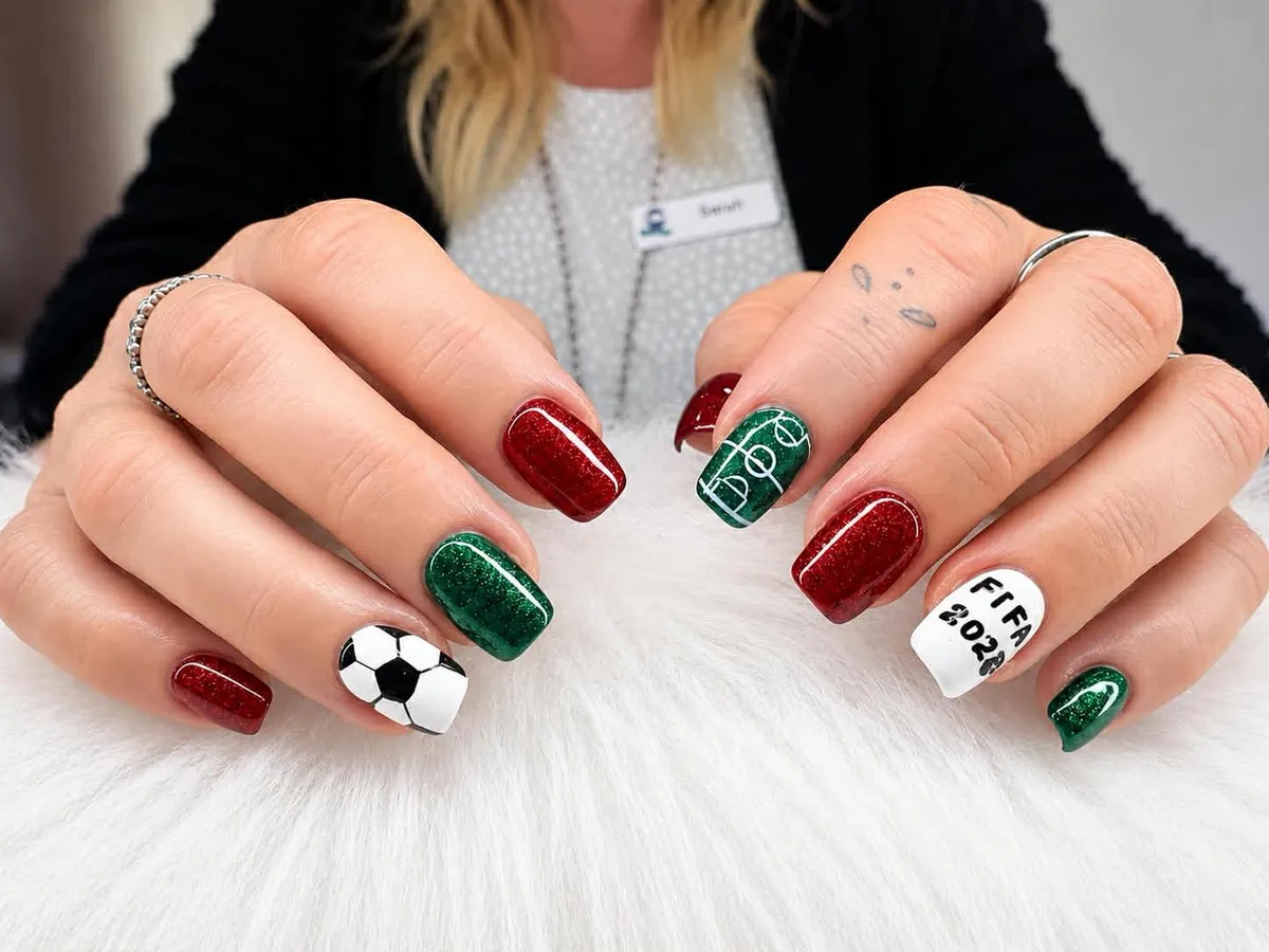Red/green glitter mix with soccer panels and "FIFA 2022" text