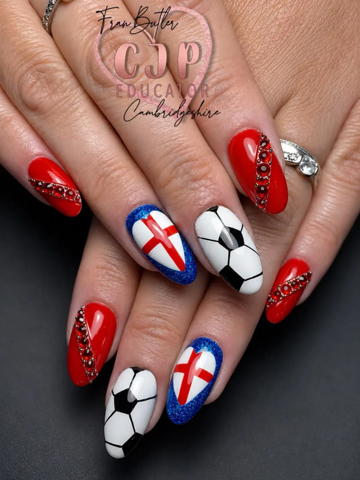 Red rhinestone diagonals with soccer panels and cross accents