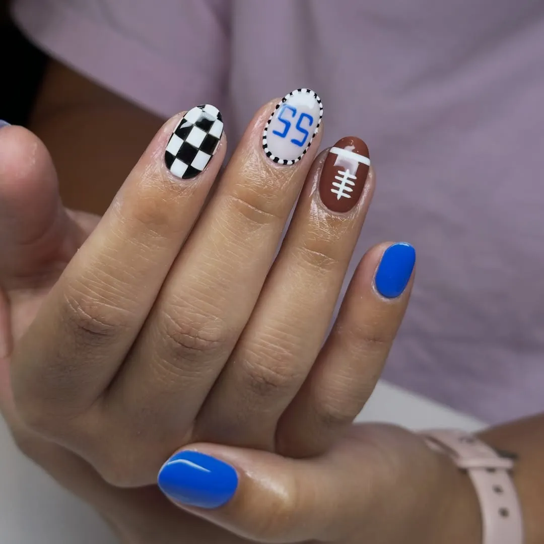 Blue solids with checkers, “55” detail, and lace-style accent
