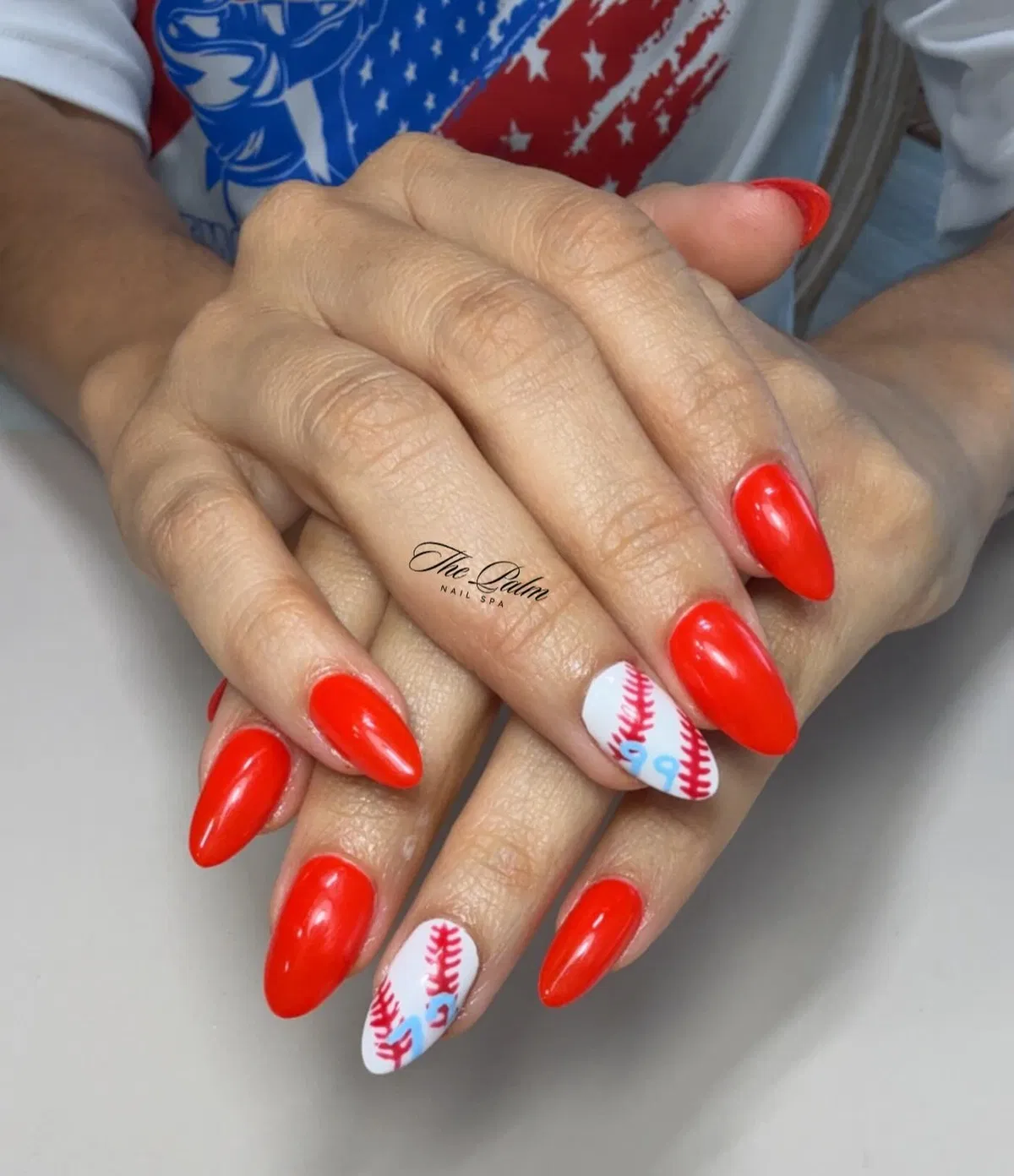 Bright red set with white stitch accents and light-blue numbers