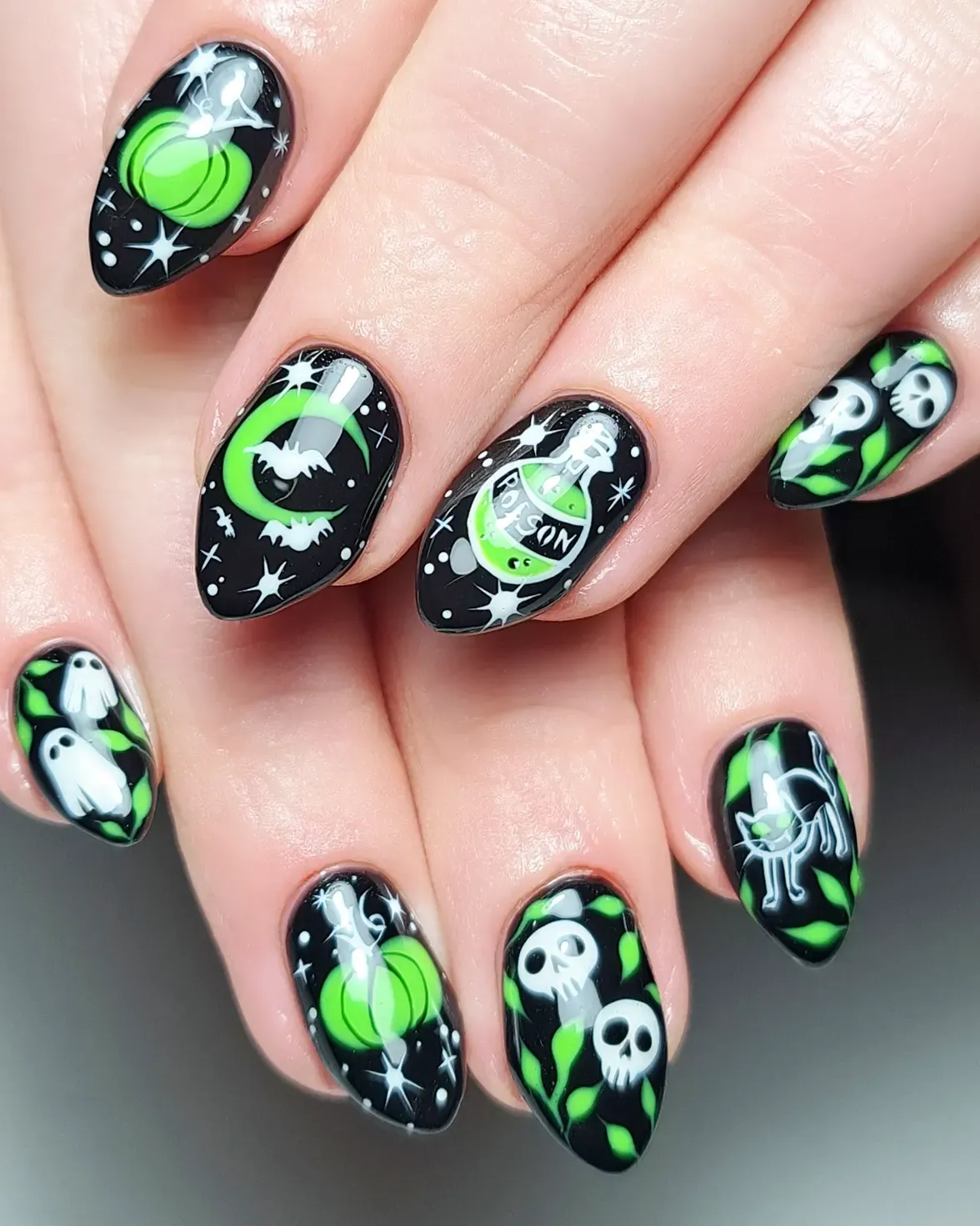 Black base with neon-green pumpkins, skulls, and “POISON” bottle