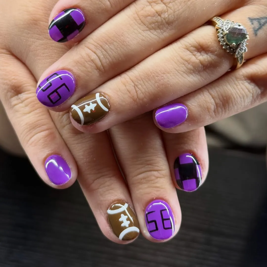Purple set with jersey numbers, checkers, and football motif