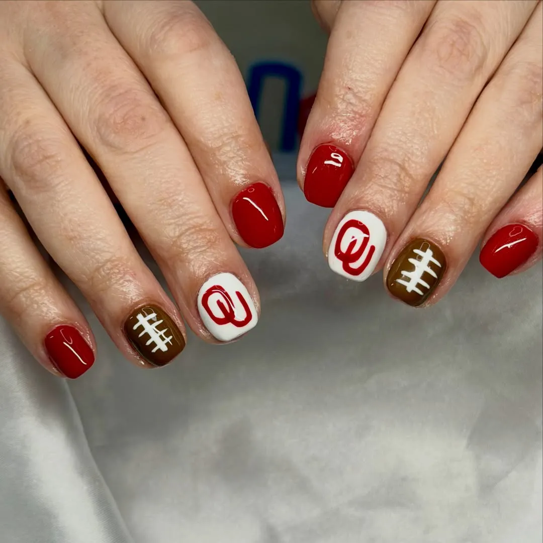 Red, white, and brown football-lace accents