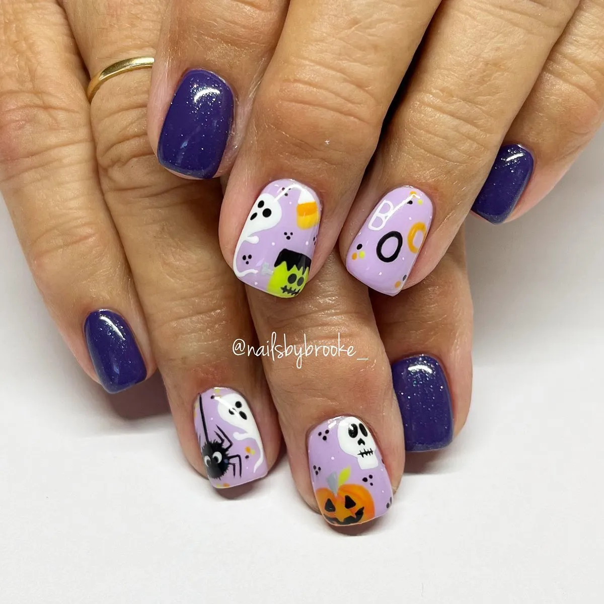 Lavender Halloween characters with deep purple sparkle