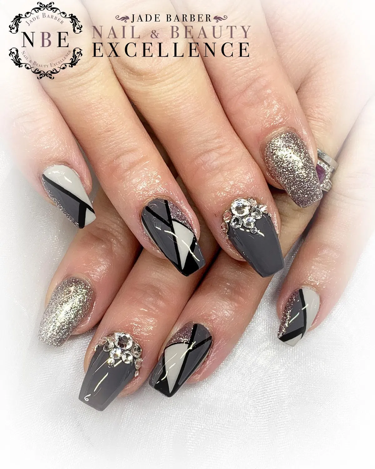 Geometric Gray/Black/White with Glitter and Gem Clusters