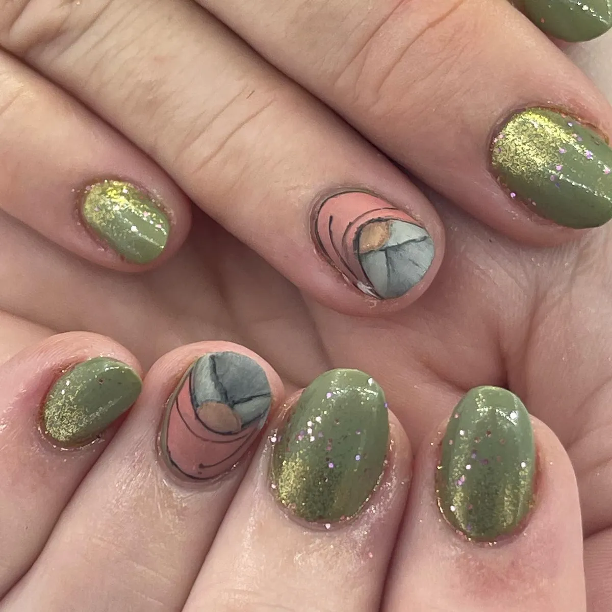 Olive glitter with abstract accent art