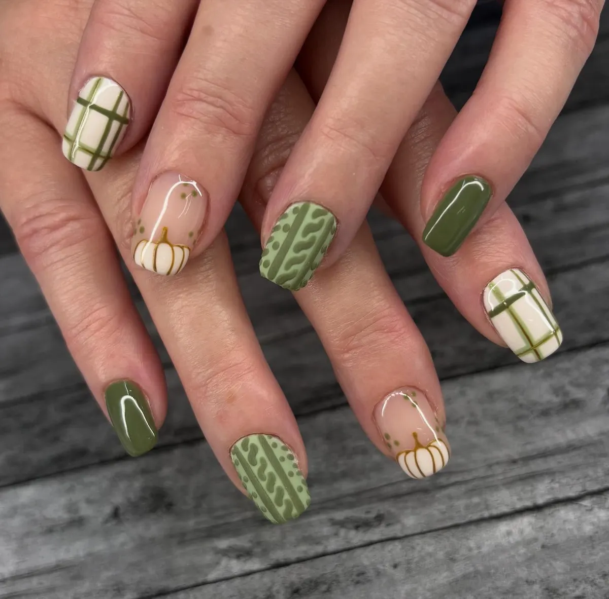 Olive solids with plaid, pumpkin outline, and textured green accent