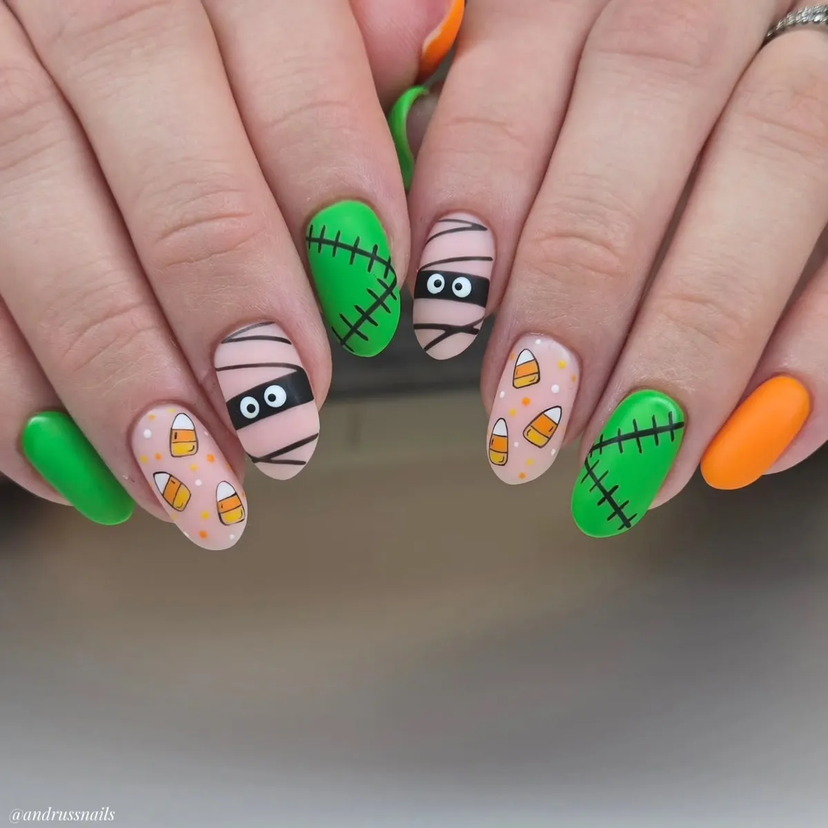 Bright green and orange set with stitches, eyes, and candy-corn shapes