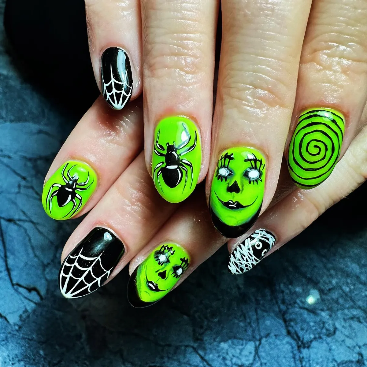 Neon green set with spiders, webs, and spiral accent