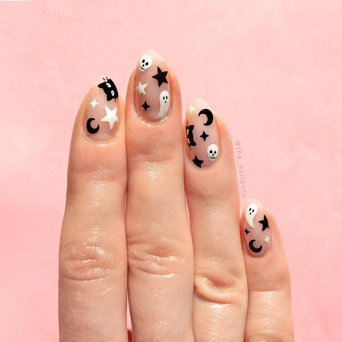 Sheer nude Halloween icons: moons, stars, ghosts, and skulls