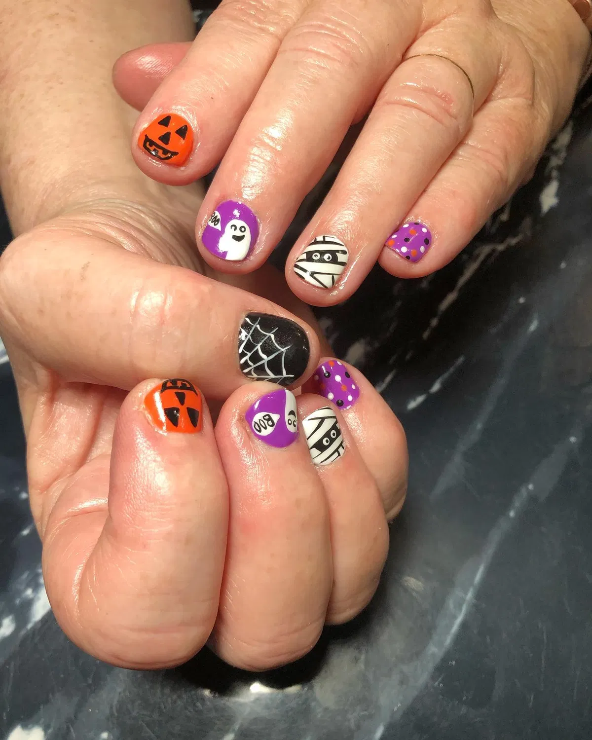 Short mixed Halloween set with pumpkins, web, stripes, and polka dots