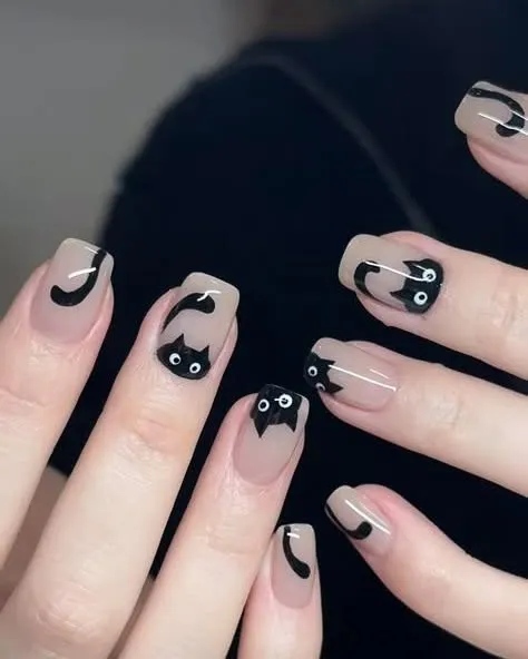 Nude Base with Black Cat Silhouettes and Tails