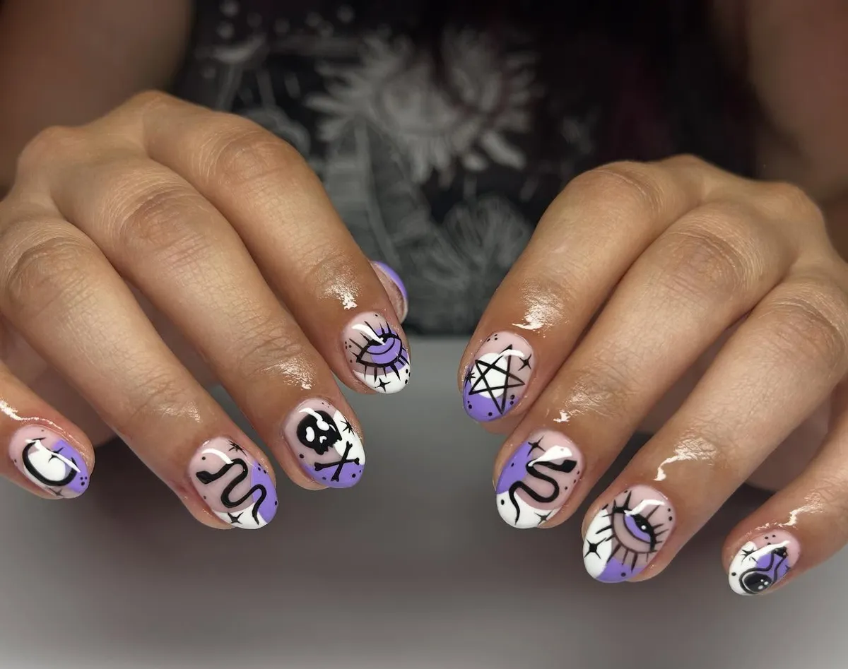 Pink, white, and lavender set with eyes, snake curves, and occult-style symbols