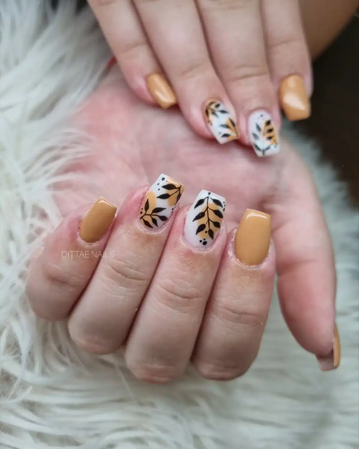 Mustard-Brown Nails with Black Leaf Art Accent Nails