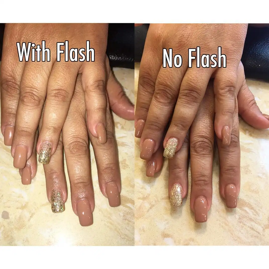 Light Brown Nails with Gold Glitter Accents (Flash vs No Flash)