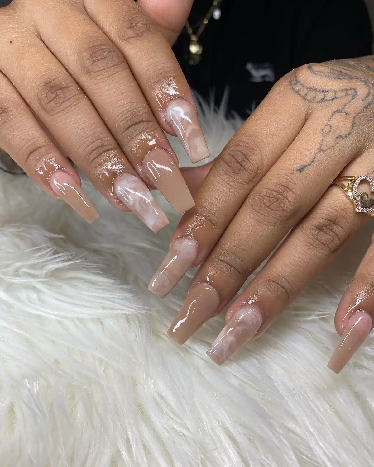 Nude Light-Brown Nails with Milky White Cloudy Accents