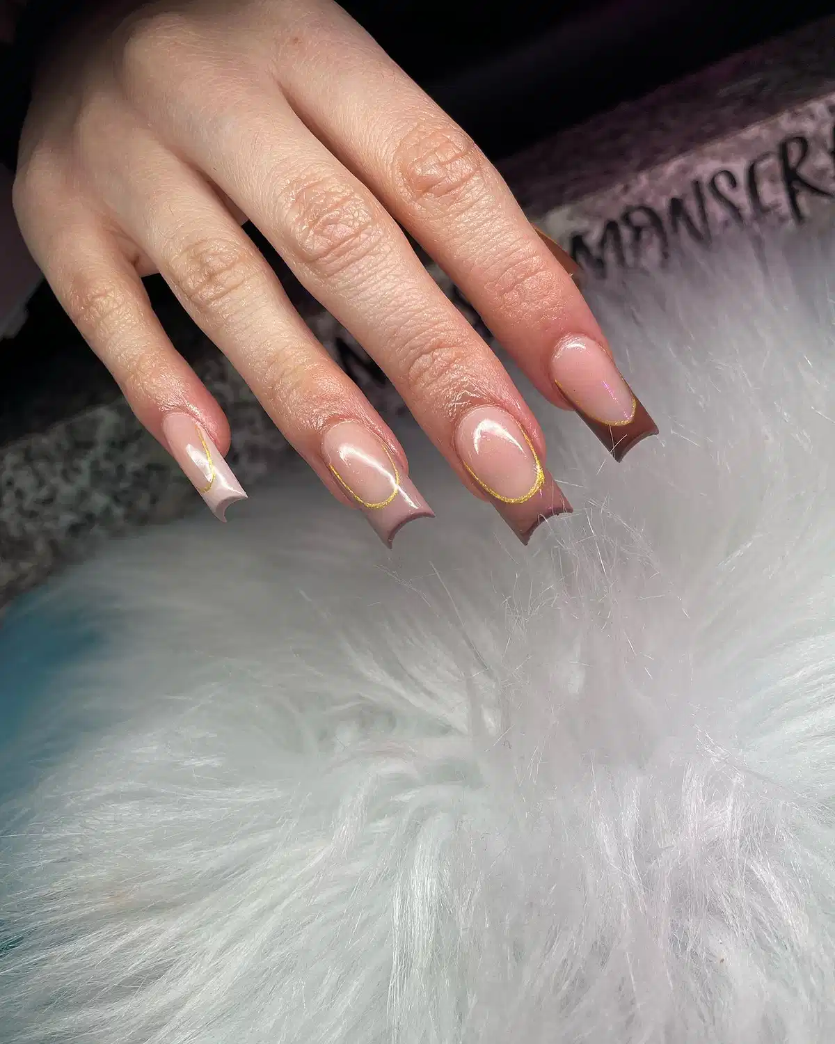 Brown French Tips with Thin Gold Outline Accents