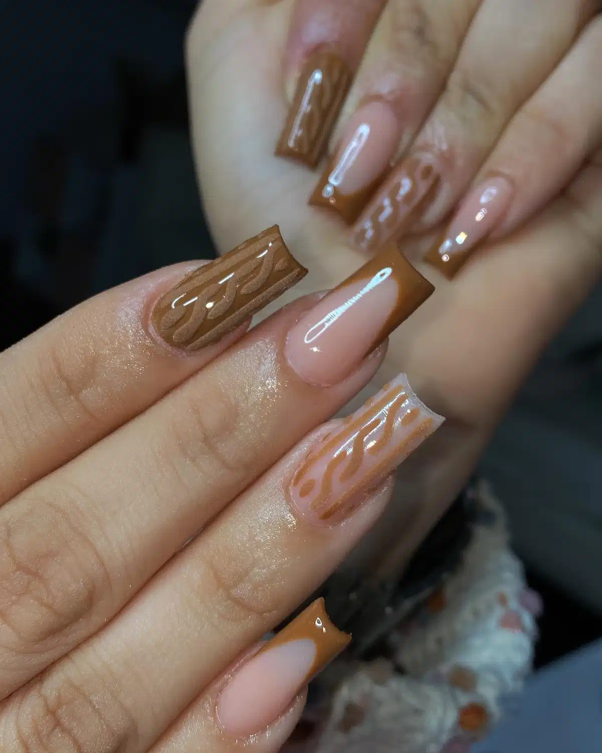 Brown French Tips with Wavy Line Pattern Details