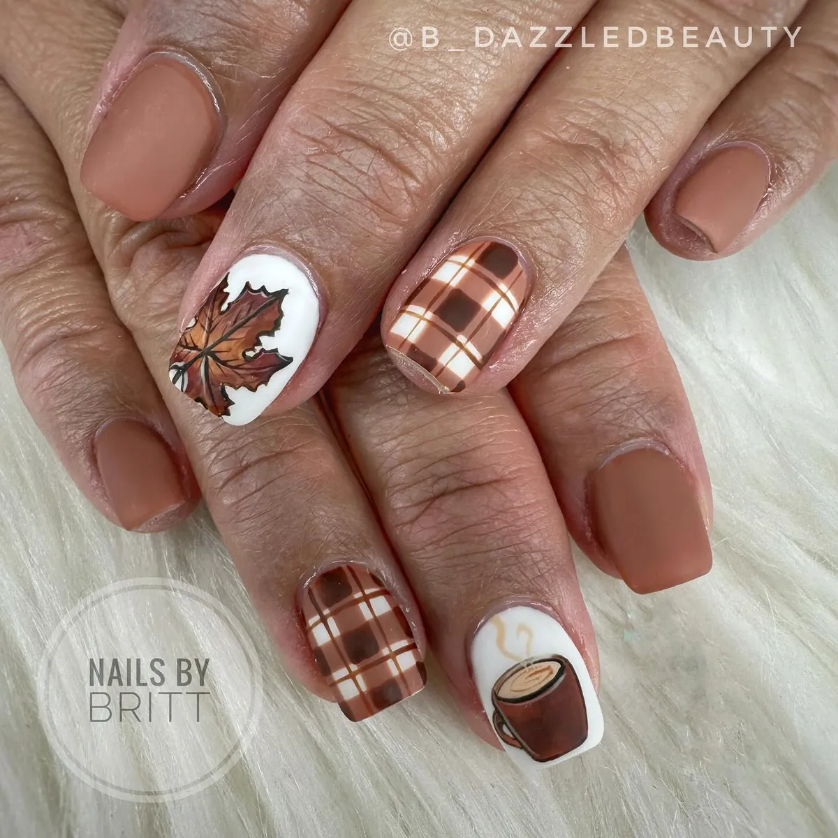 Matte brown set with plaid, leaf, and mug illustrations