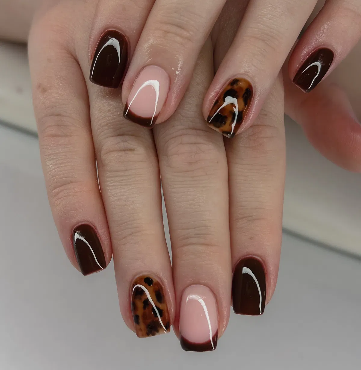 Dark brown mix with French tips and mottled brown accents