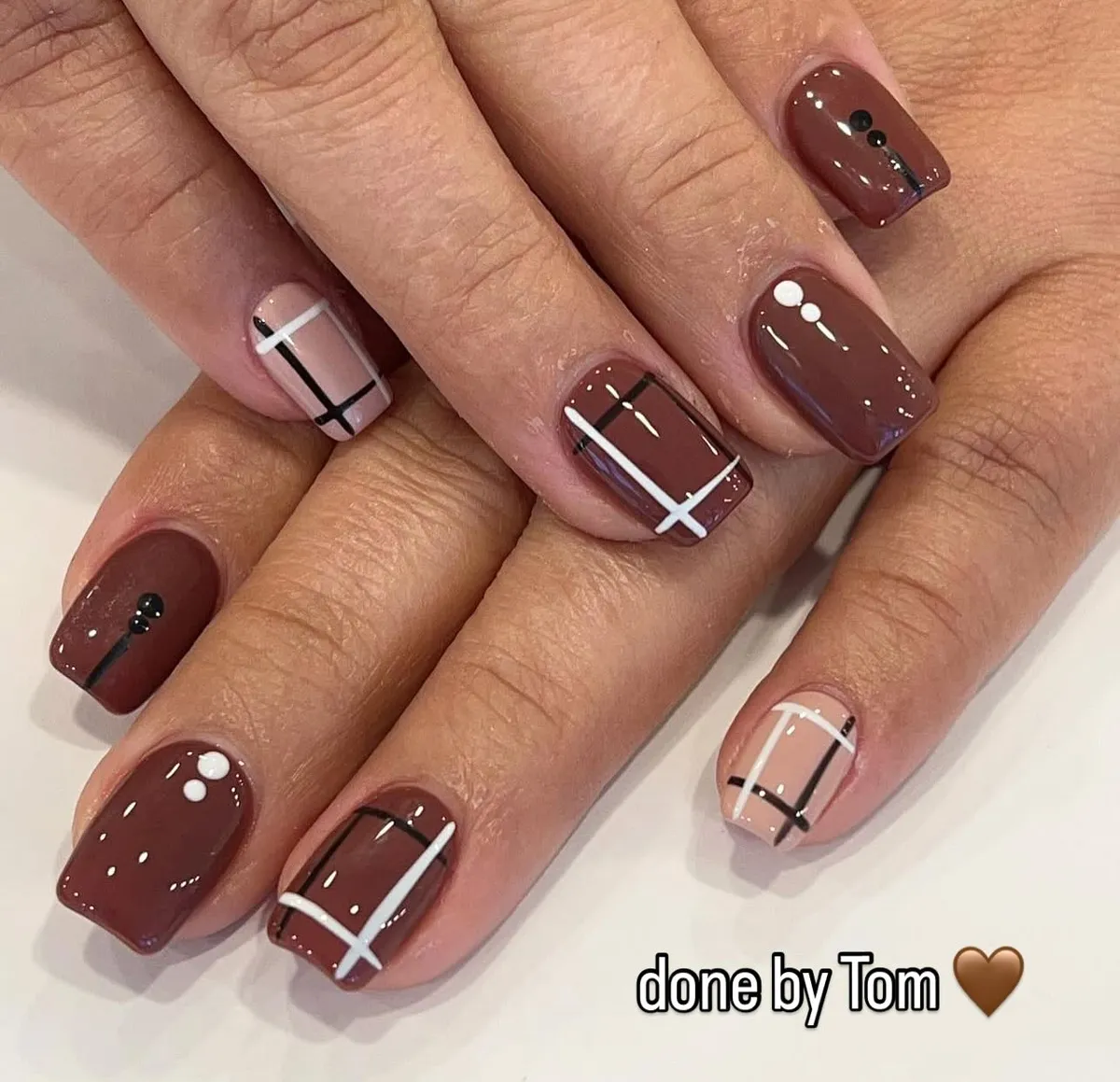 Glossy brown with plaid lines and dot accents