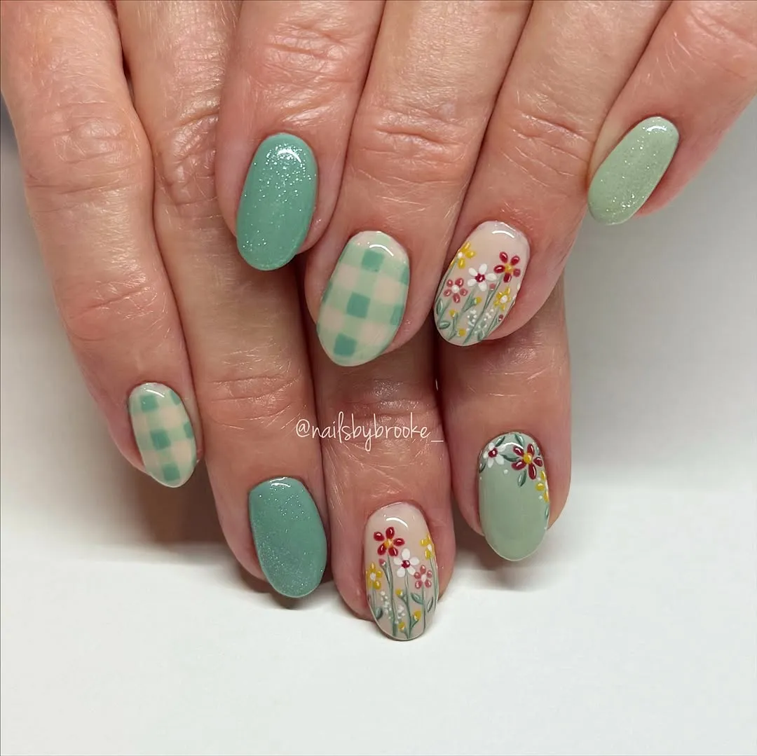 Soft teal and mint checks with tiny florals
