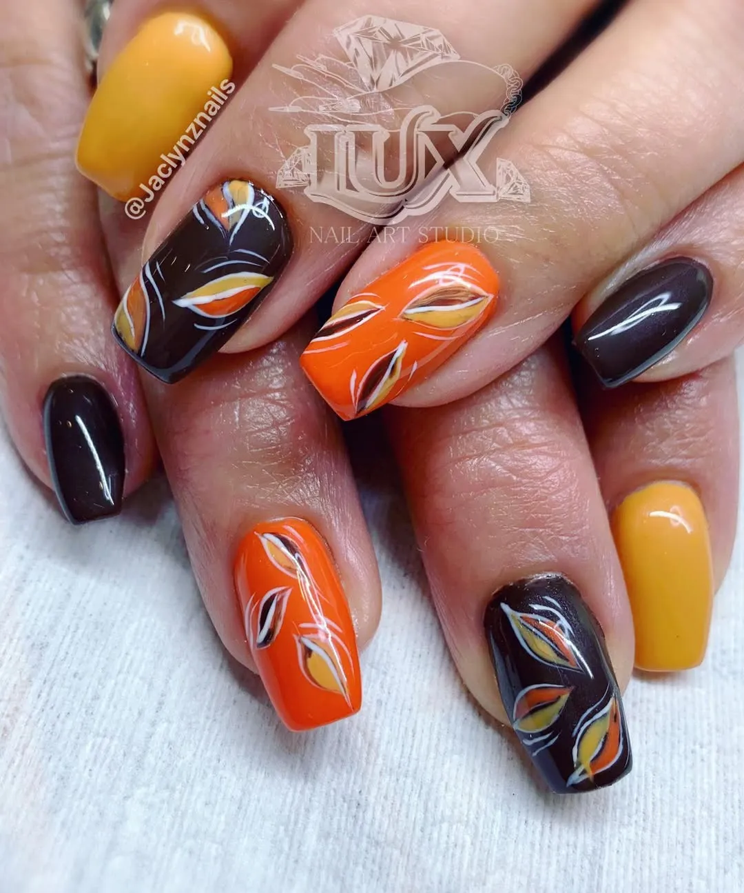 Mustard, Orange & Dark Brown Leaf Nails