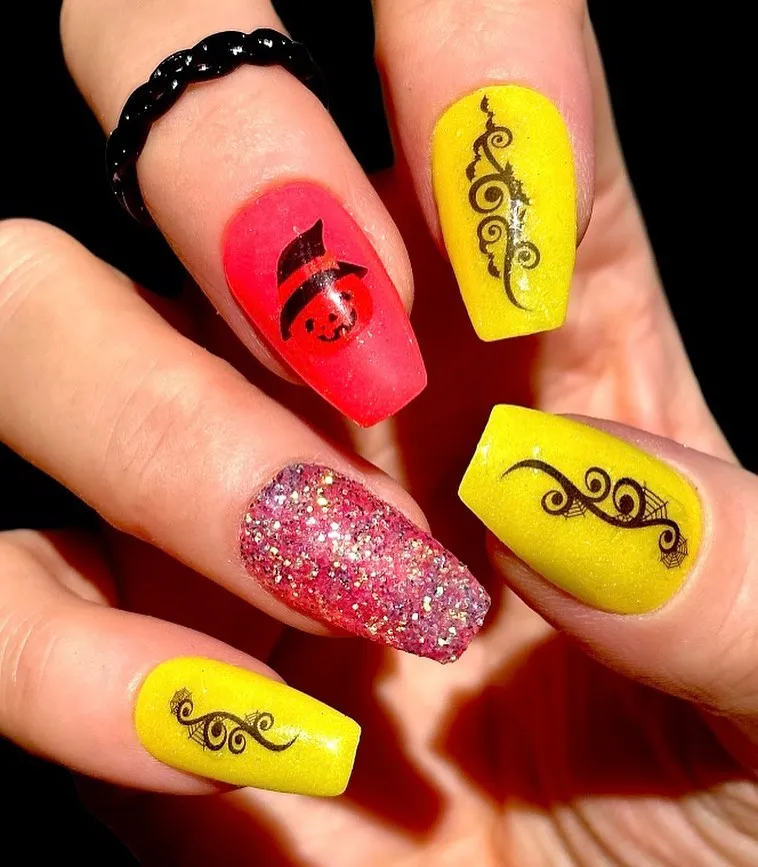 Bright Yellow Swirls with Red Graphic Accent and Pink Glitter
