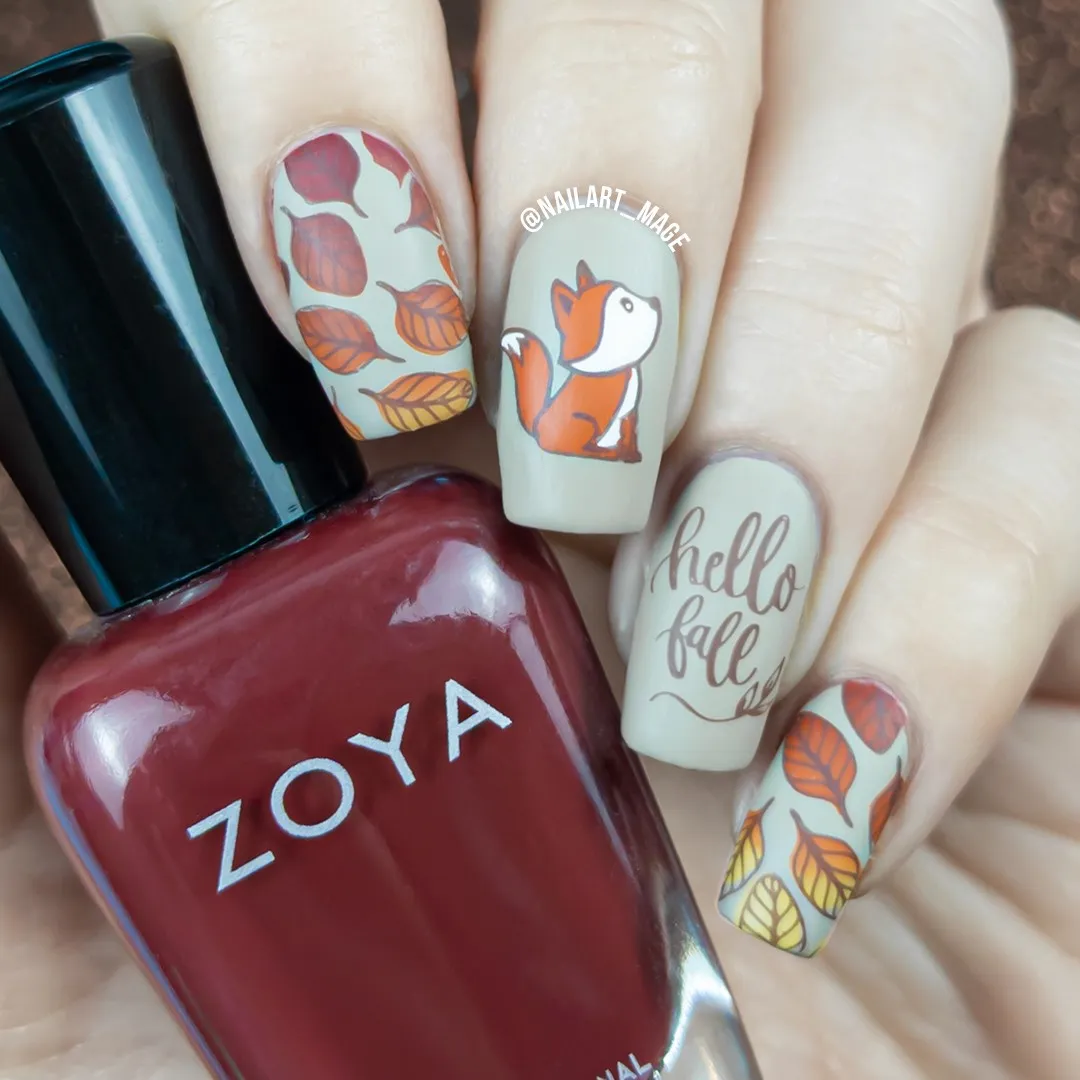 Matte Beige Set with Fox, Leaves, and โhello fallโ Text