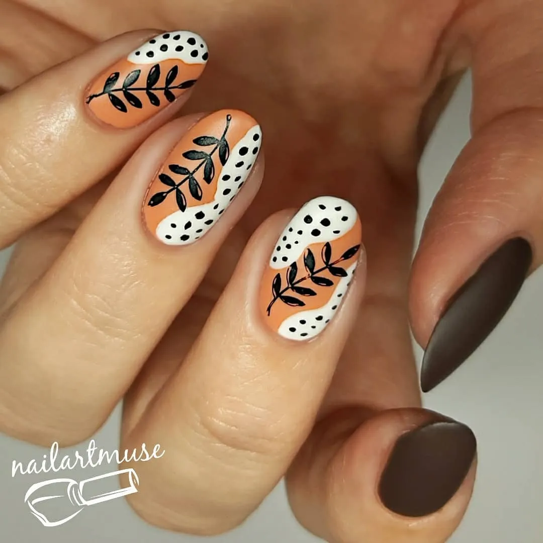 Orange & White Dot Pattern with Black Botanical Silhouettes