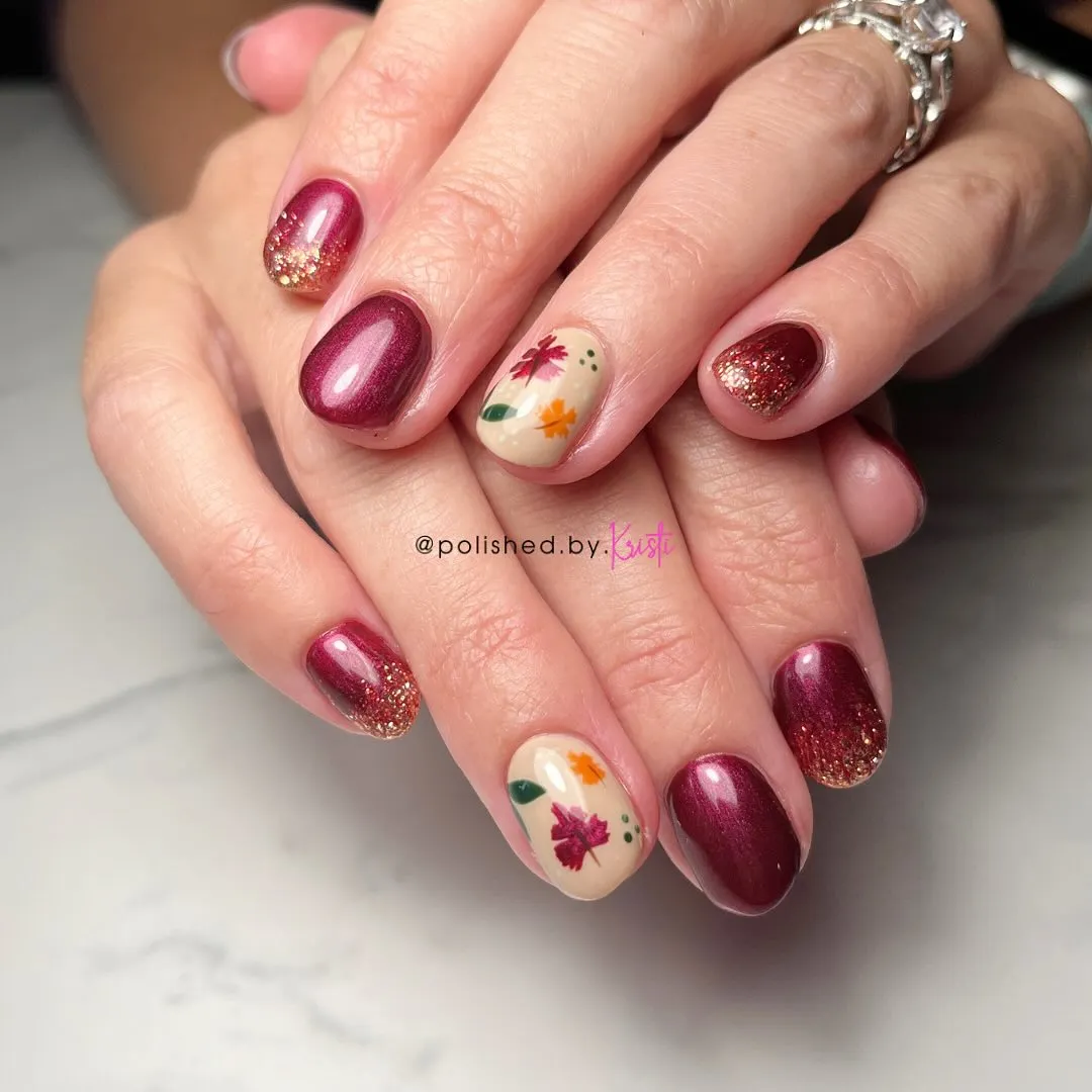 Burgundy Shimmer with Gold Tips and Leaf Accents