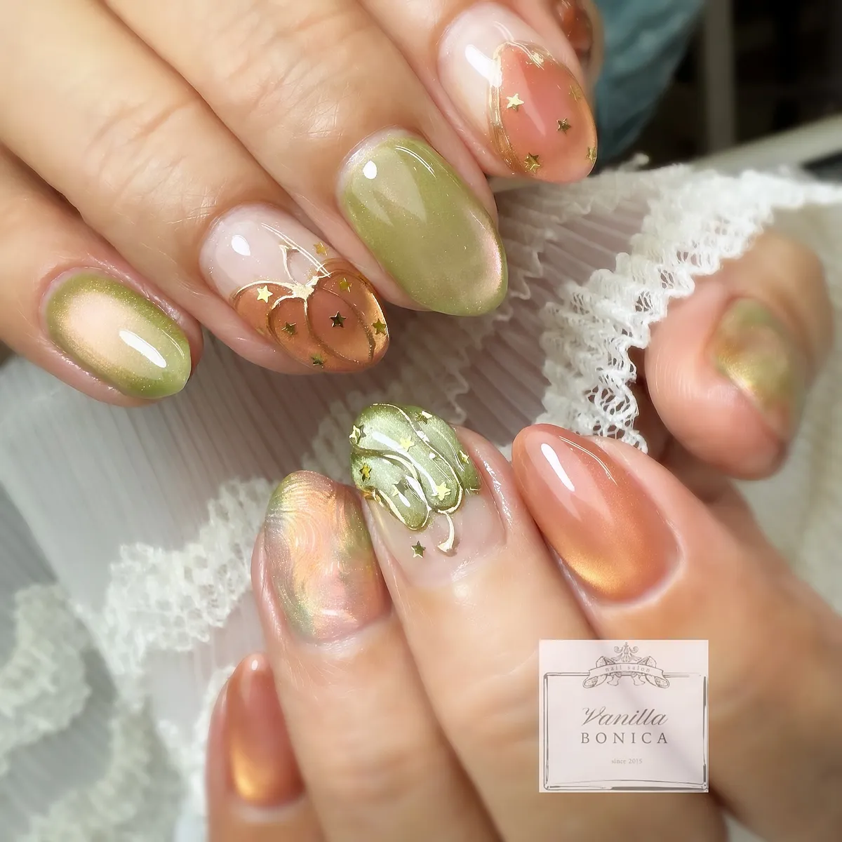 Olive & Copper Metallic-Look with Pumpkins and Gold Stars