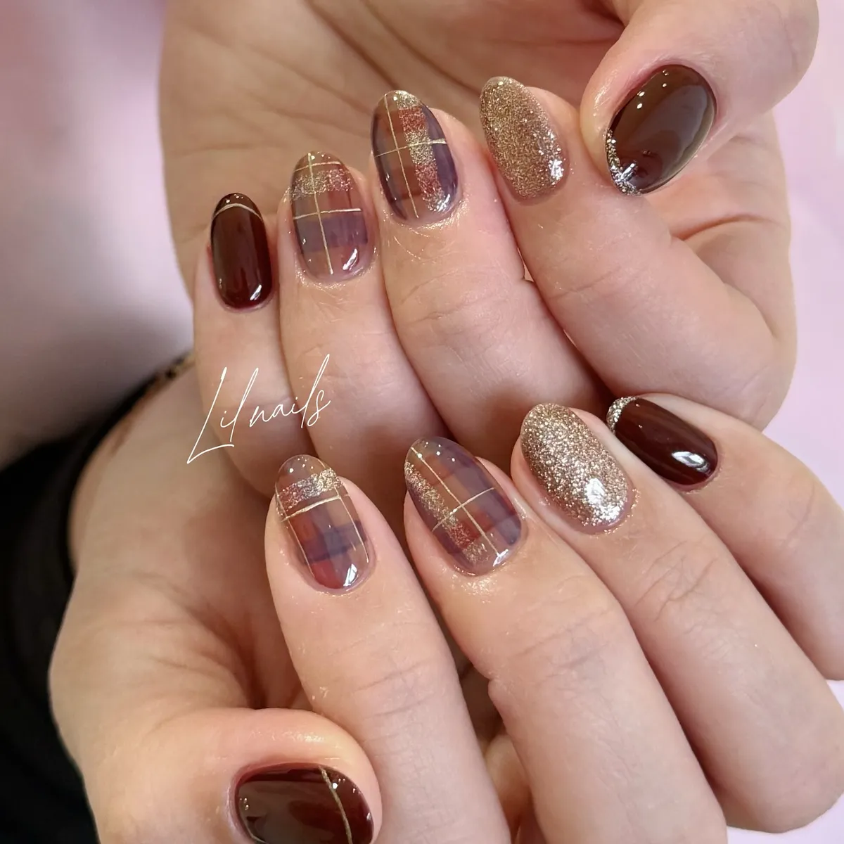 Deep brown and gold plaid with glitter accents
