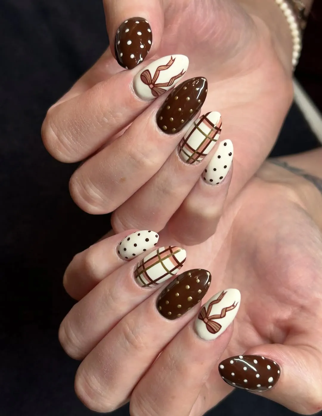 Brown and cream plaid with bows and polka dots
