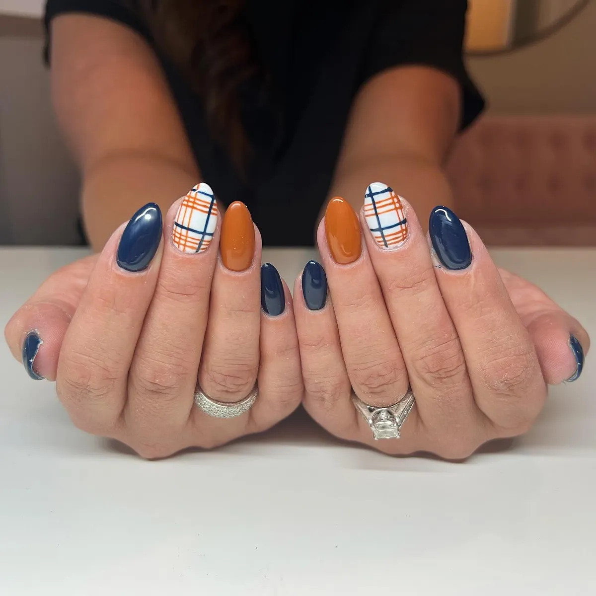 Navy and Orange with White Plaid Accents