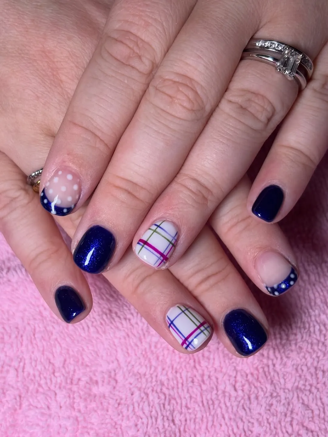 Navy shimmer with white plaid and dotted French tips