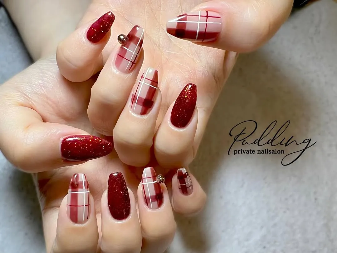 Red plaid with glitter and bead-stud accents