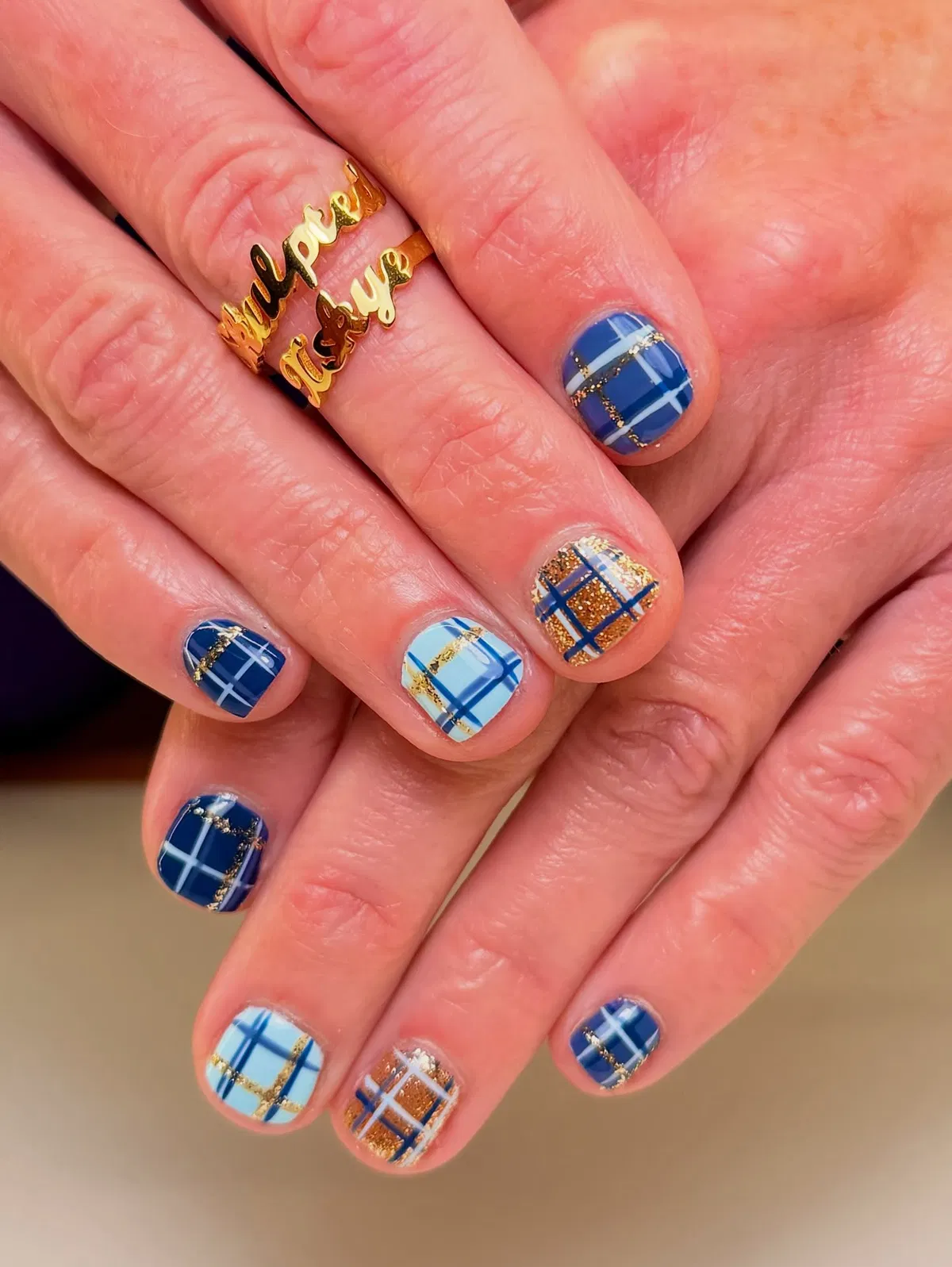 Blue plaid with gold glitter striping