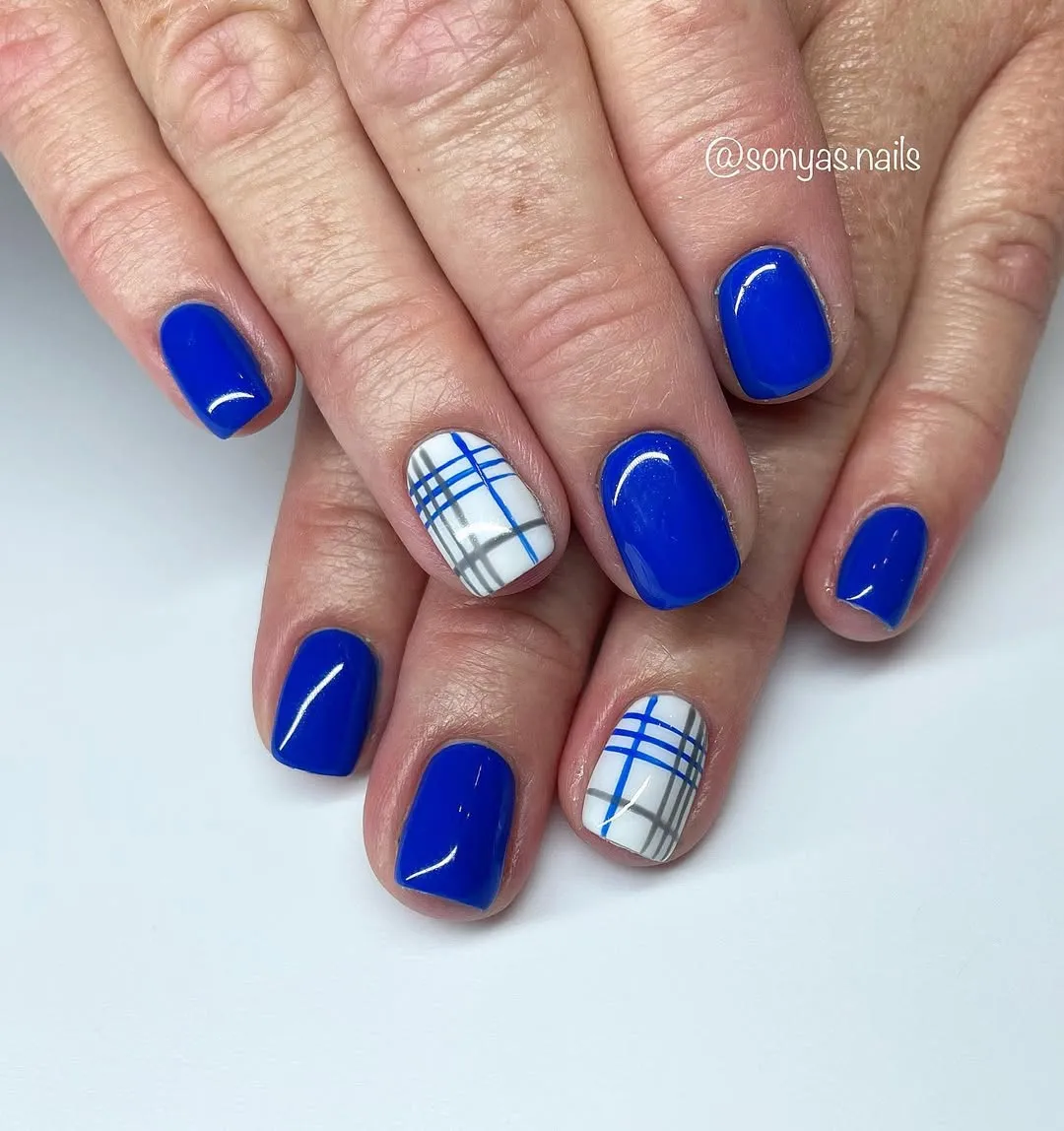 Cobalt blue solids with white plaid accents