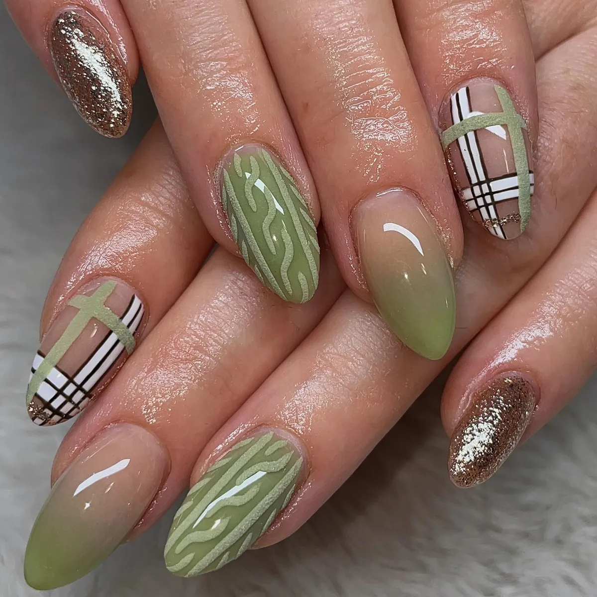 Green and Nude Mix with Plaid and Gold Glitter