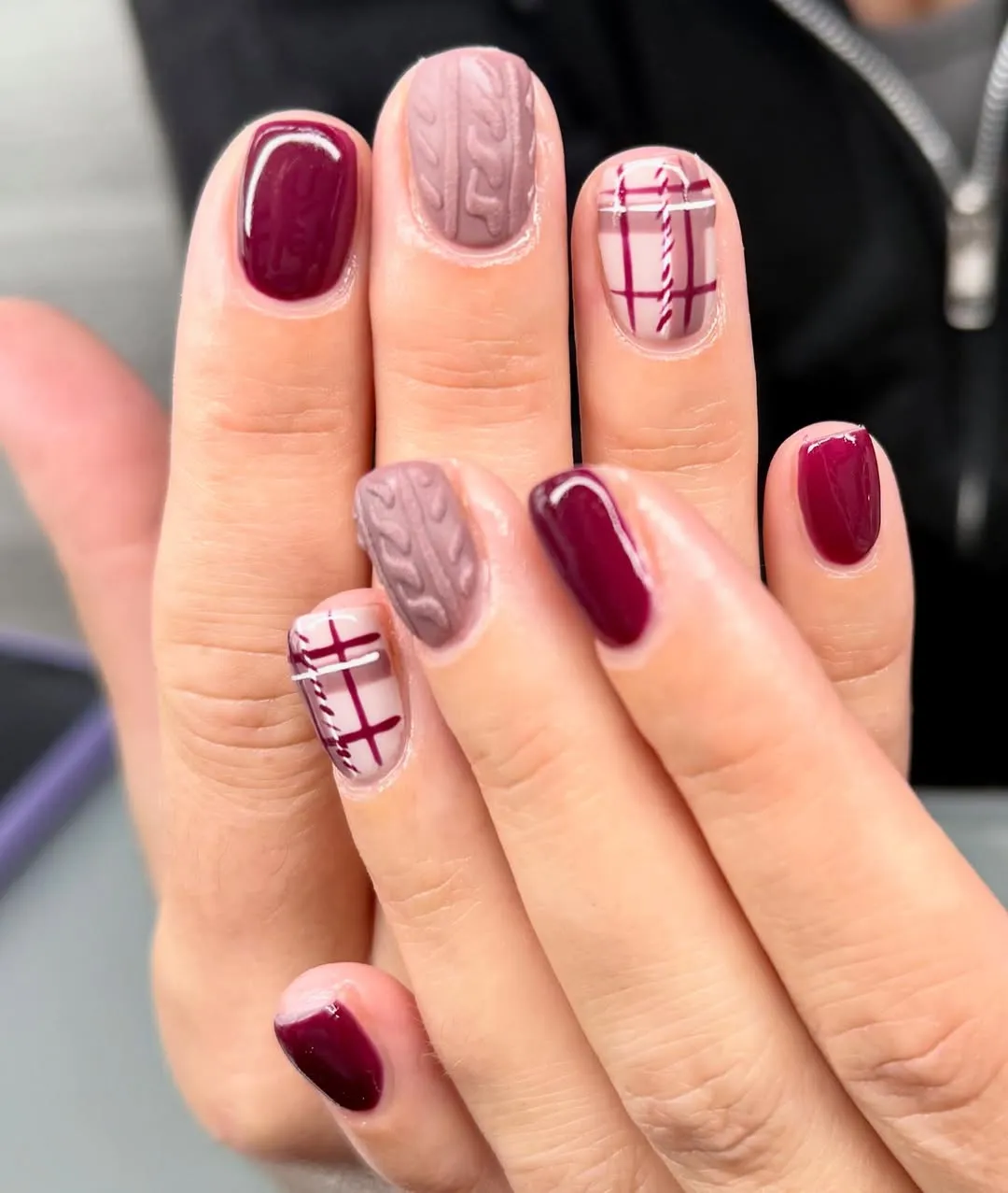 Burgundy plaid with textured taupe accents