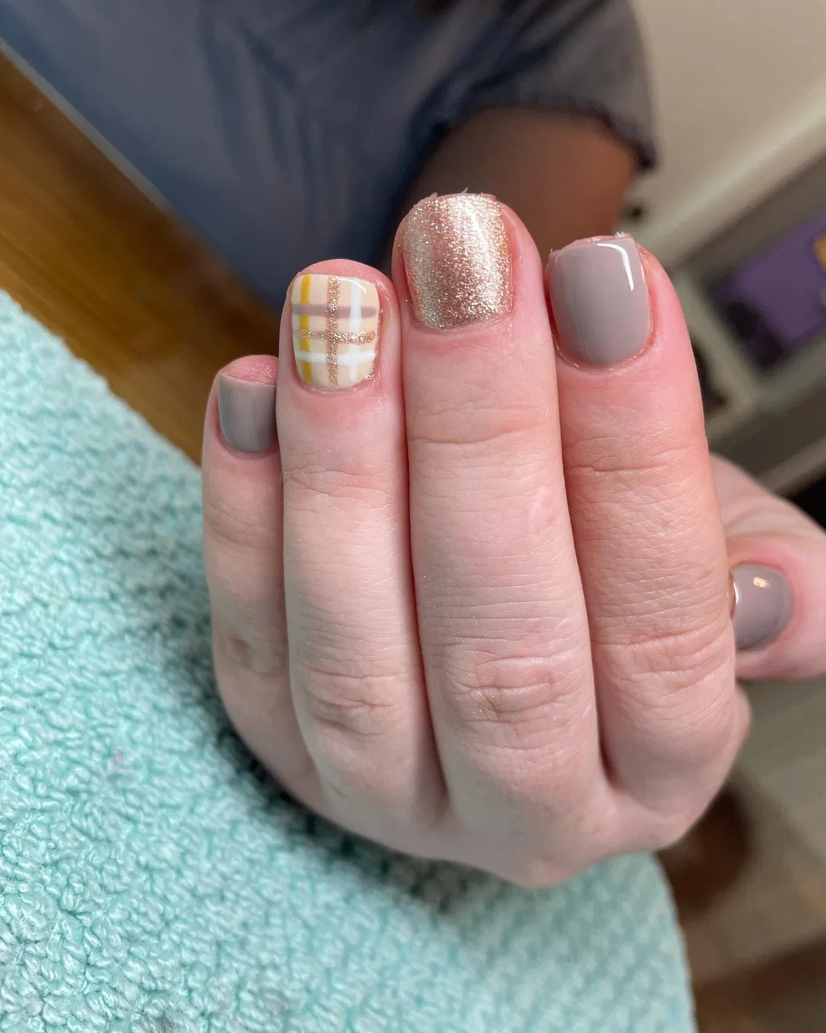 Taupe-gray with champagne glitter and plaid accent