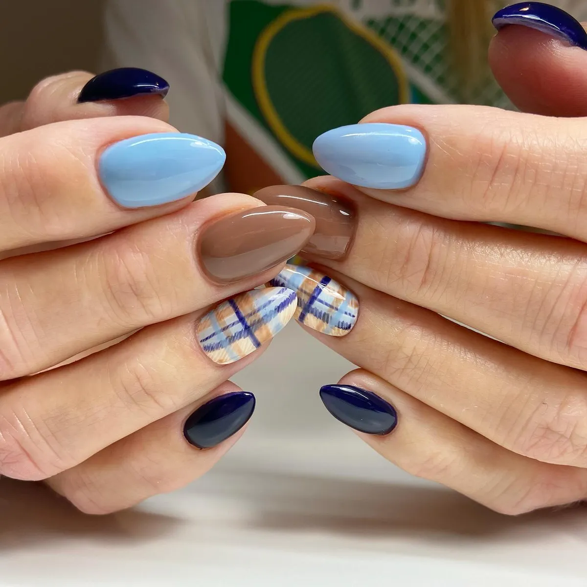 Blue and brown solids with plaid accents