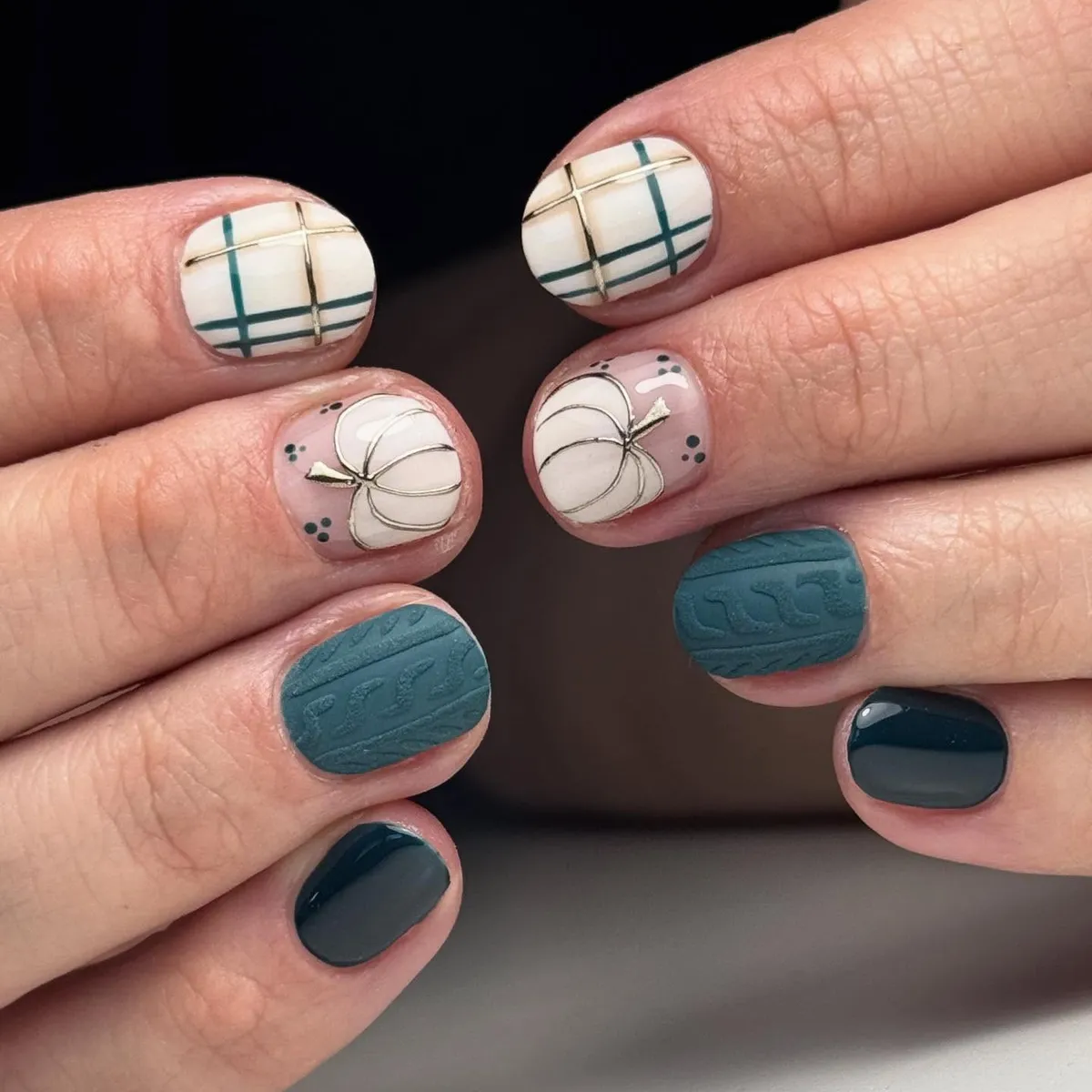 Teal textures with plaid and pumpkin line art