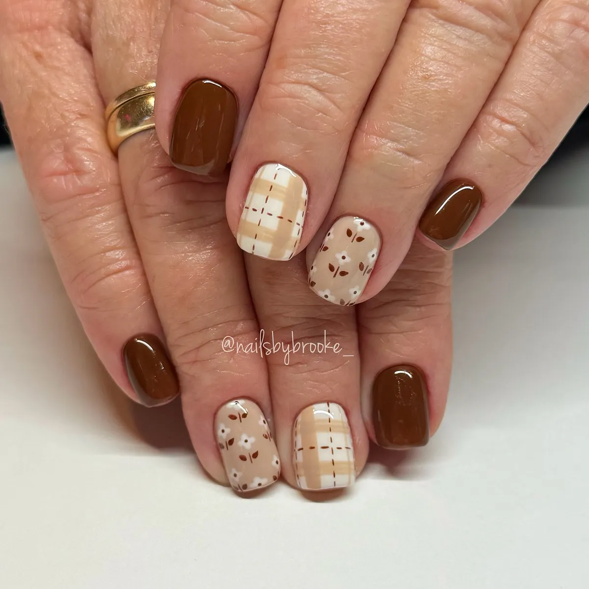Brown solids with cream plaid and tiny florals