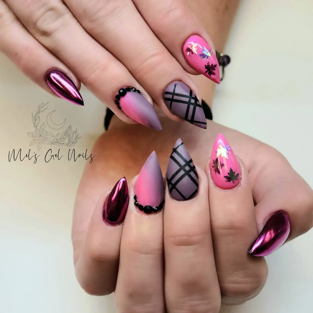 Stiletto mix: metallic magenta, matte plaid, and leaf confetti