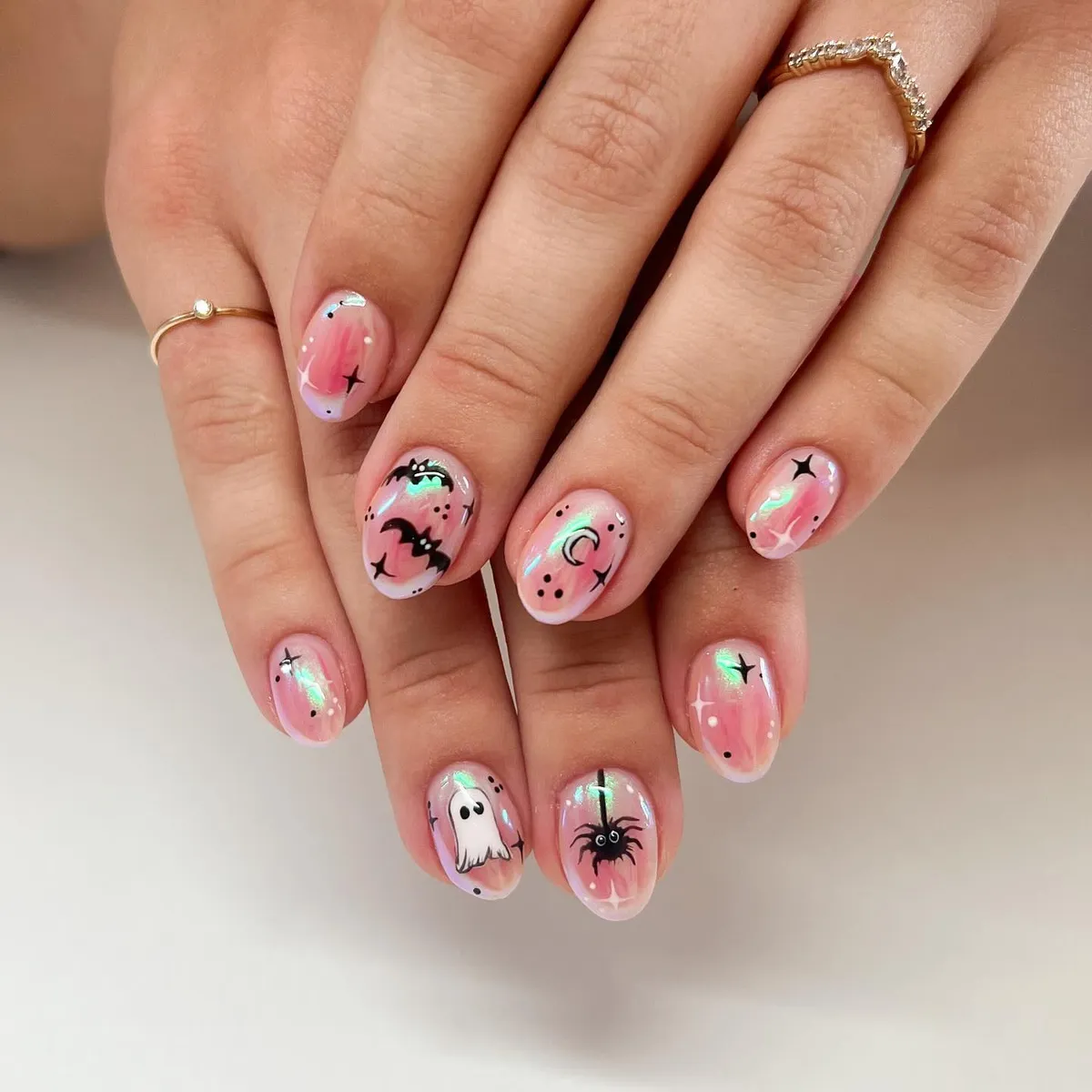 Sheer Pink with Iridescent Shine, Bat, Ghost, and Spider