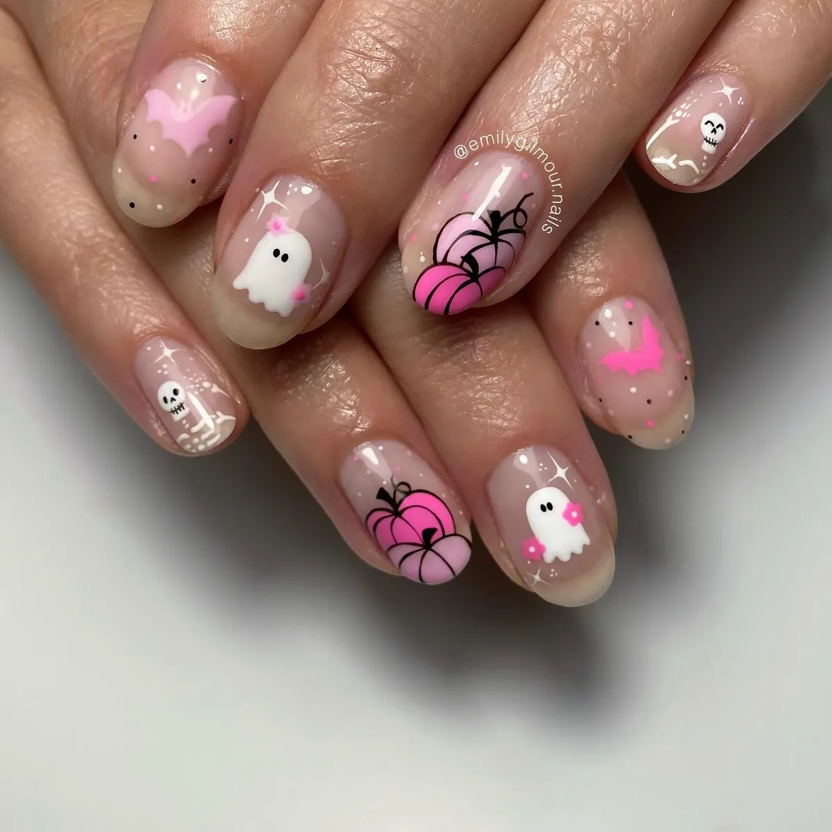 Sheer Nude Base with Pink Bats, Pumpkins, Ghosts, and Skeleton Details