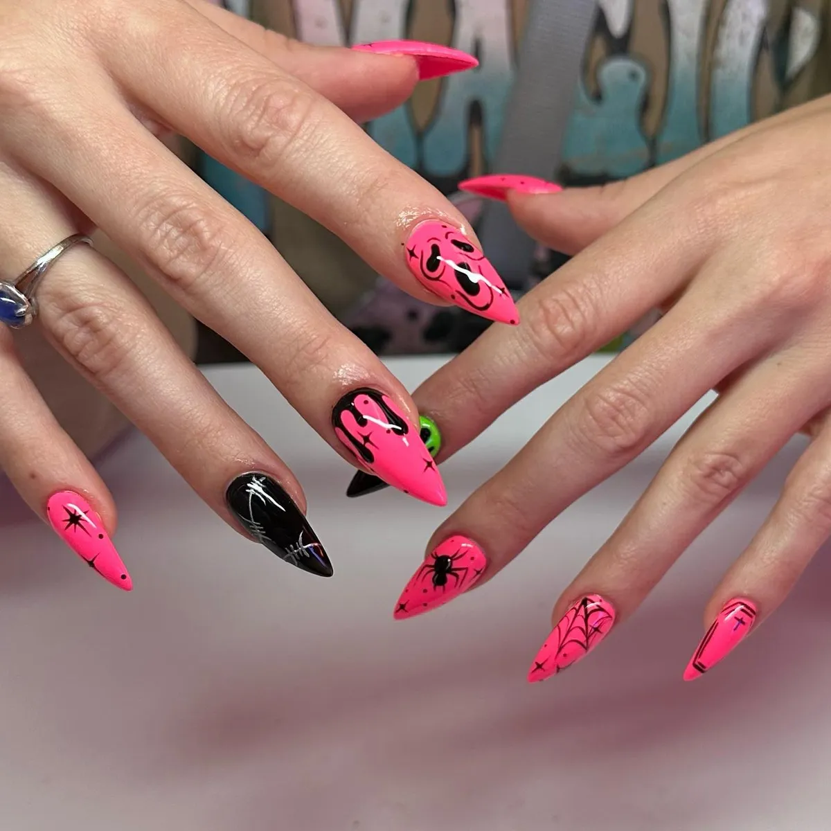 Neon Pink Stilettos with Drips and Spider Detail