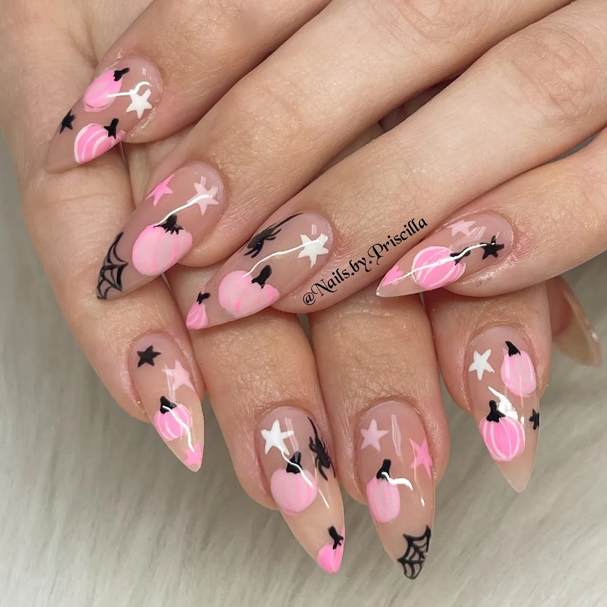 Nude Almond Nails with Pink Pumpkins and Spiders